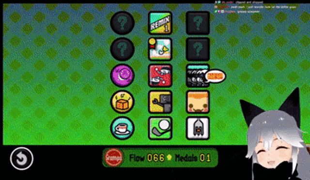 a screenshot of a video game that says flow 066 medals 01 on the bottom right