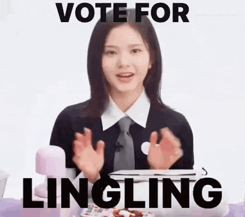 a girl is sitting at a table with her hands up and a sign that says `` vote for lingling '' behind her .