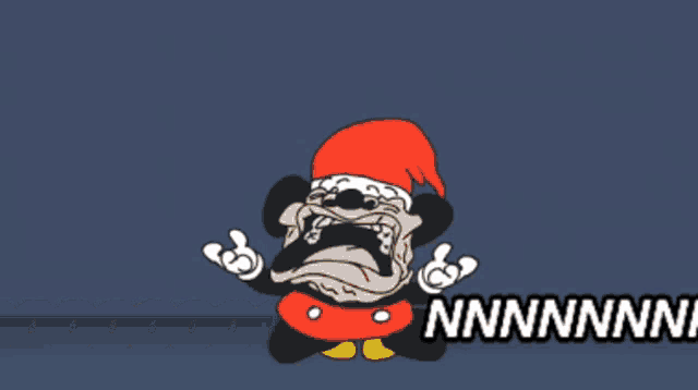 a cartoon of mickey mouse wearing a santa hat with the words " nnnnnnnnnoooo " below him