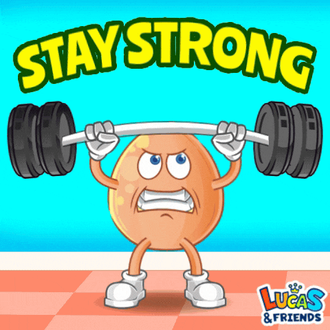 a cartoon illustration of an egg lifting a barbell with the words " stay strong " written above it