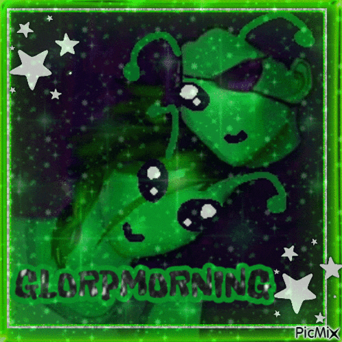 a picture of two green aliens with the words " good morning " written on it