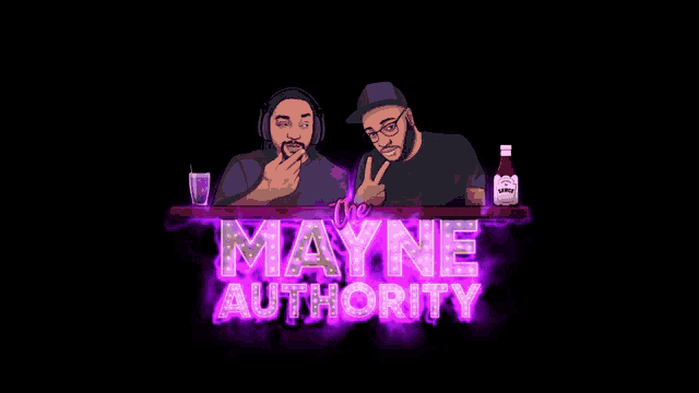 a logo for the mayne authority with two men sitting at a bar