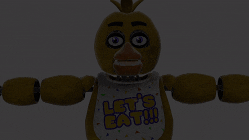 five nights at freddy 's chica with a bib that says let 's eat