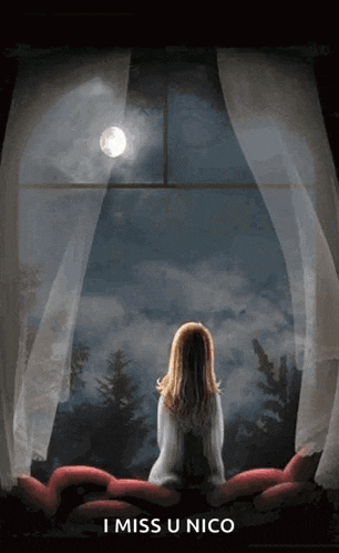 a girl is sitting on a couch looking out a window at the moon .