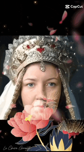 a woman wearing a crown with a flower in front of her and the words la chien grasse