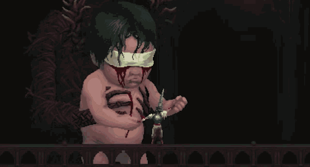 a pixel art of a baby with blood on his face