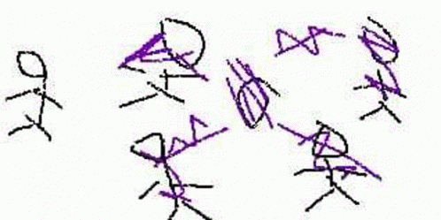 a group of stick figures are standing next to each other on a white surface .