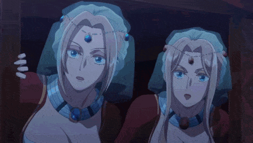 two anime characters are standing next to each other with one wearing a blue veil