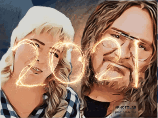 a drawing of a man and a woman with the year 2021 written in sparklers