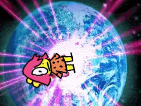 a cartoon character is flying through the air in front of a blue globe
