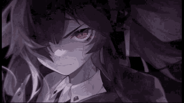a drawing of a girl with red eyes and black hair