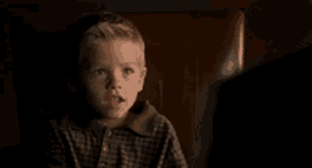 a young boy in a plaid shirt is sitting in a chair and making a funny face .