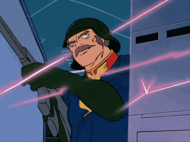 a cartoon of a man holding a gun with a laser behind him