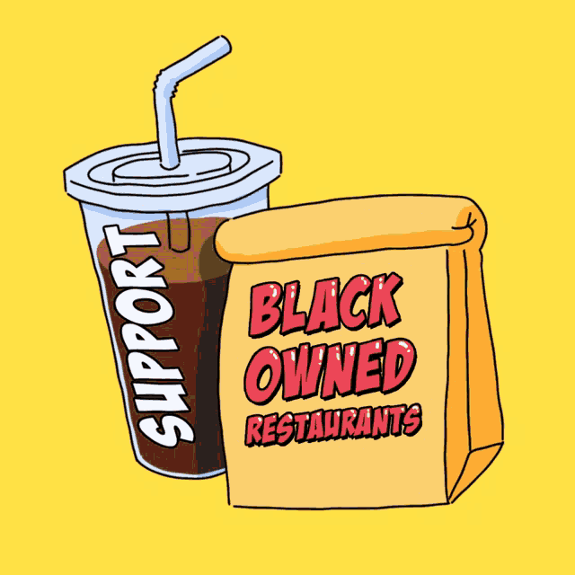 a cartoon drawing of a cup of coffee and a bag that says black owned restaurants
