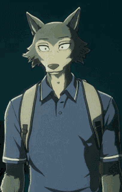 a cartoon of a wolf wearing a blue shirt and carrying a backpack