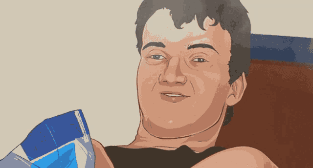 a drawing of a man laying down with a bag of chips on his lap