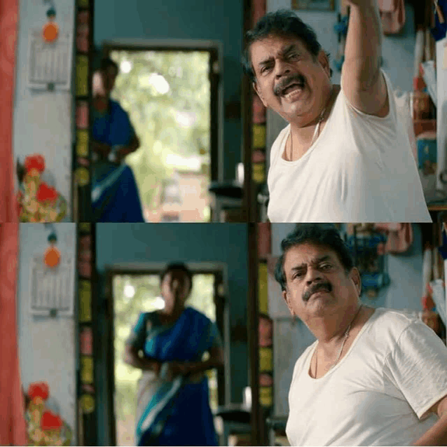 a man in a white tank top is making a funny face in front of a woman