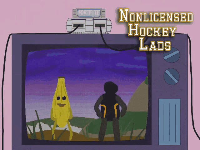 a cartoon of a man standing next to a banana with the words " nonlicensed hockey lads " below it