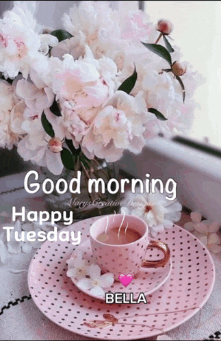 a picture of flowers and a cup of coffee with the words good morning happy tuesday