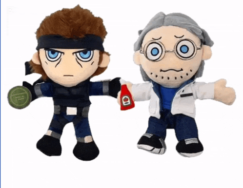 a stuffed toy of snake and a stuffed toy of a man holding a bottle with the letter b on it