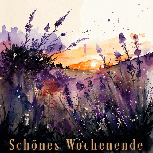a watercolor painting of purple flowers with the words schönes wochenende below it