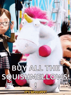 a girl is standing next to a stuffed animal that says `` buy all the squishmallows '' .