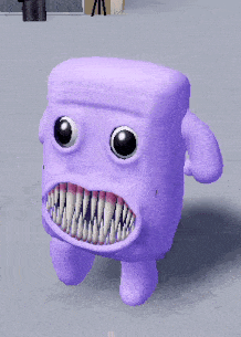 a purple monster with big teeth is standing on a gray surface .