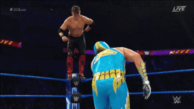 a wrestler in a blue and gold outfit is flying through the air