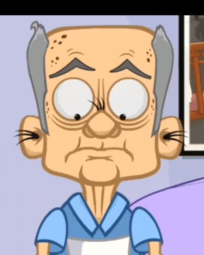 a cartoon drawing of an old man with gray hair and a blue shirt