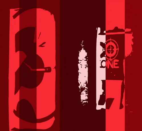 a red background with a silhouette of a person and a sign that says one