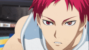 a close up of a red haired anime character
