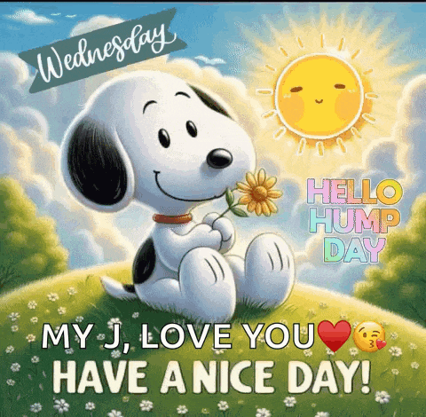 snoopy is holding a flower and says `` my j , love you have a nice day ''