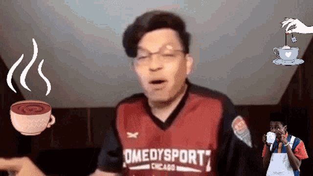 a man wearing a jersey that says comedysport