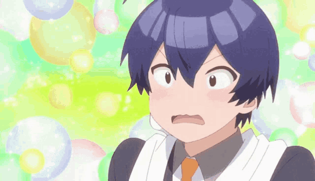 a boy with blue hair is wearing a white apron and orange tie