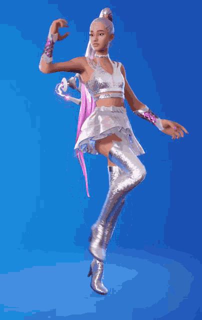 ariana grande is dancing in a video game against a blue background