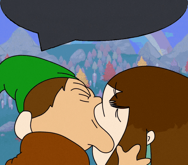 a cartoon of a man and woman kissing with a speech bubble in the background