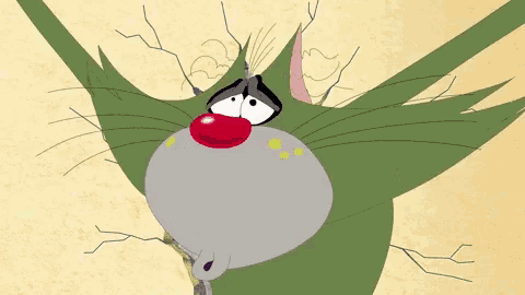 a cartoon cat with a pink tongue sticking out and a red nose .
