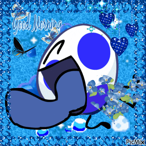 a picture of a blue and white cartoon character with the words good morning written on it