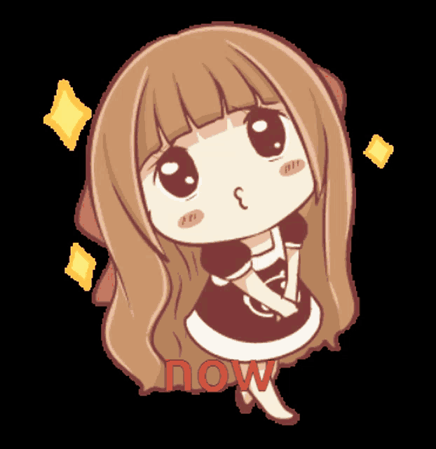a cartoon drawing of a girl with the word now in red