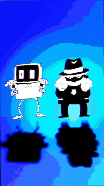 a cartoon drawing of a robot and a man in a black hat