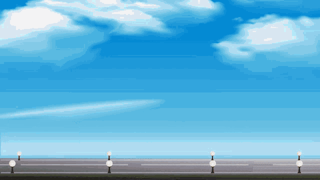a road with a fence and a blue sky with clouds in the background
