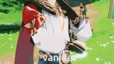 a cartoon character is holding a gun and the word vanilla is on the screen