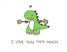 a cartoon of a dinosaur holding a stick with the words " i love you this much "