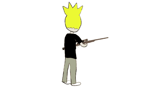 a cartoon man is standing in the middle of a crosshair .