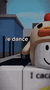 a cartoon character wearing a chicken hat with the words / e dance below it