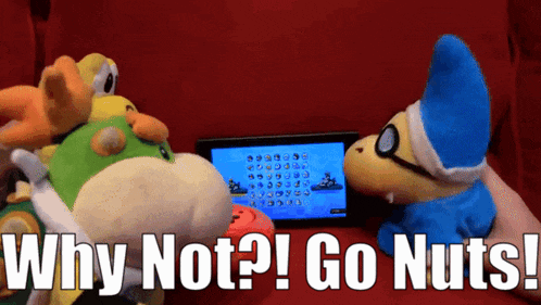 two stuffed animals are playing a video game with the words " why not go nuts " above them