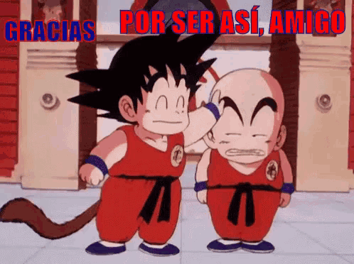 a cartoon of goku and krilin standing next to each other with gracias por ser asi amigo written above them