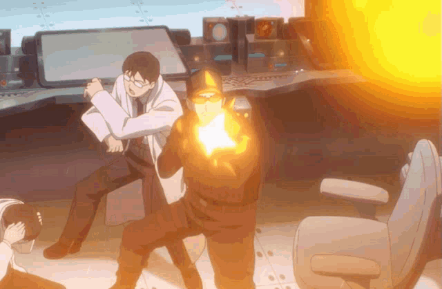 a man in a white lab coat is holding a gun