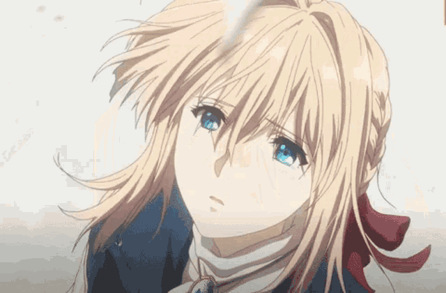 a blonde anime girl with blue eyes is looking down