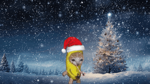 a dog wearing a santa hat is holding a candy cane